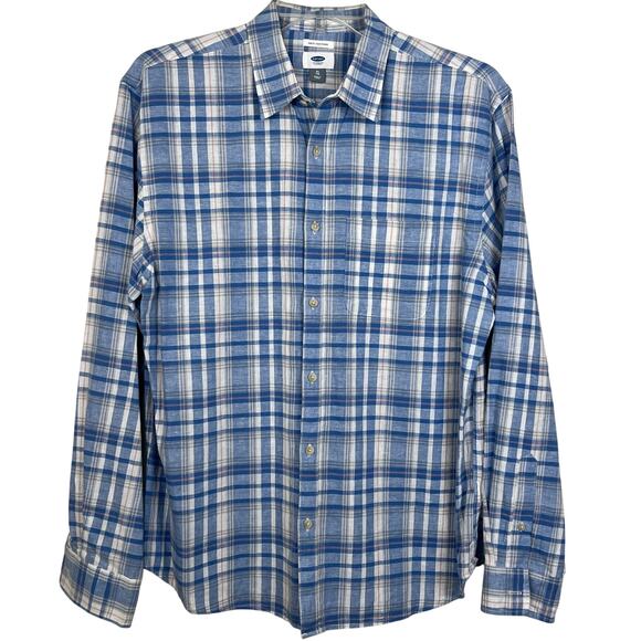 Old Navy Other - Old Navy Linen shirt men’s XL Slim fit Blue plaid linen/cotton blend long sleeve